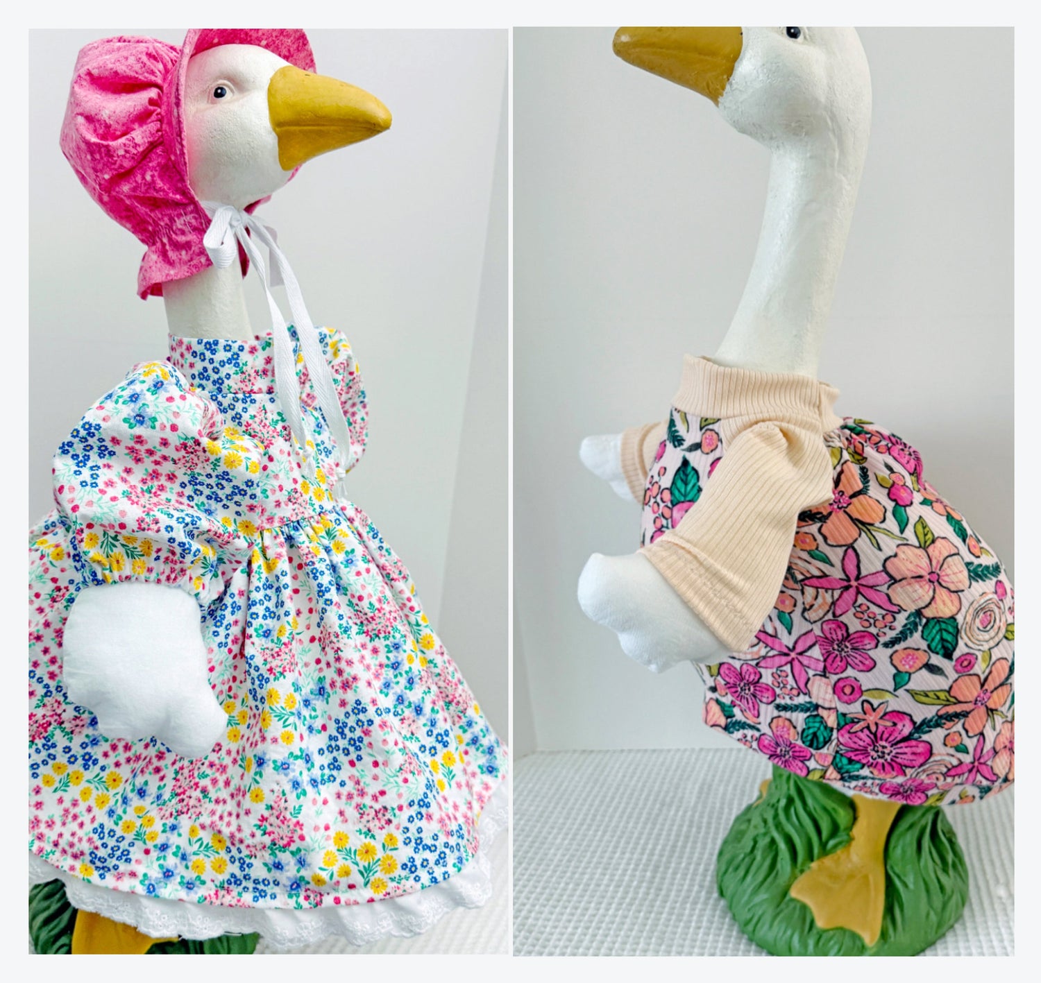 Porch Goose wearing a homemade sewing T-shirt with contrasting sleeves and a floral Hawaiian print for the main body.