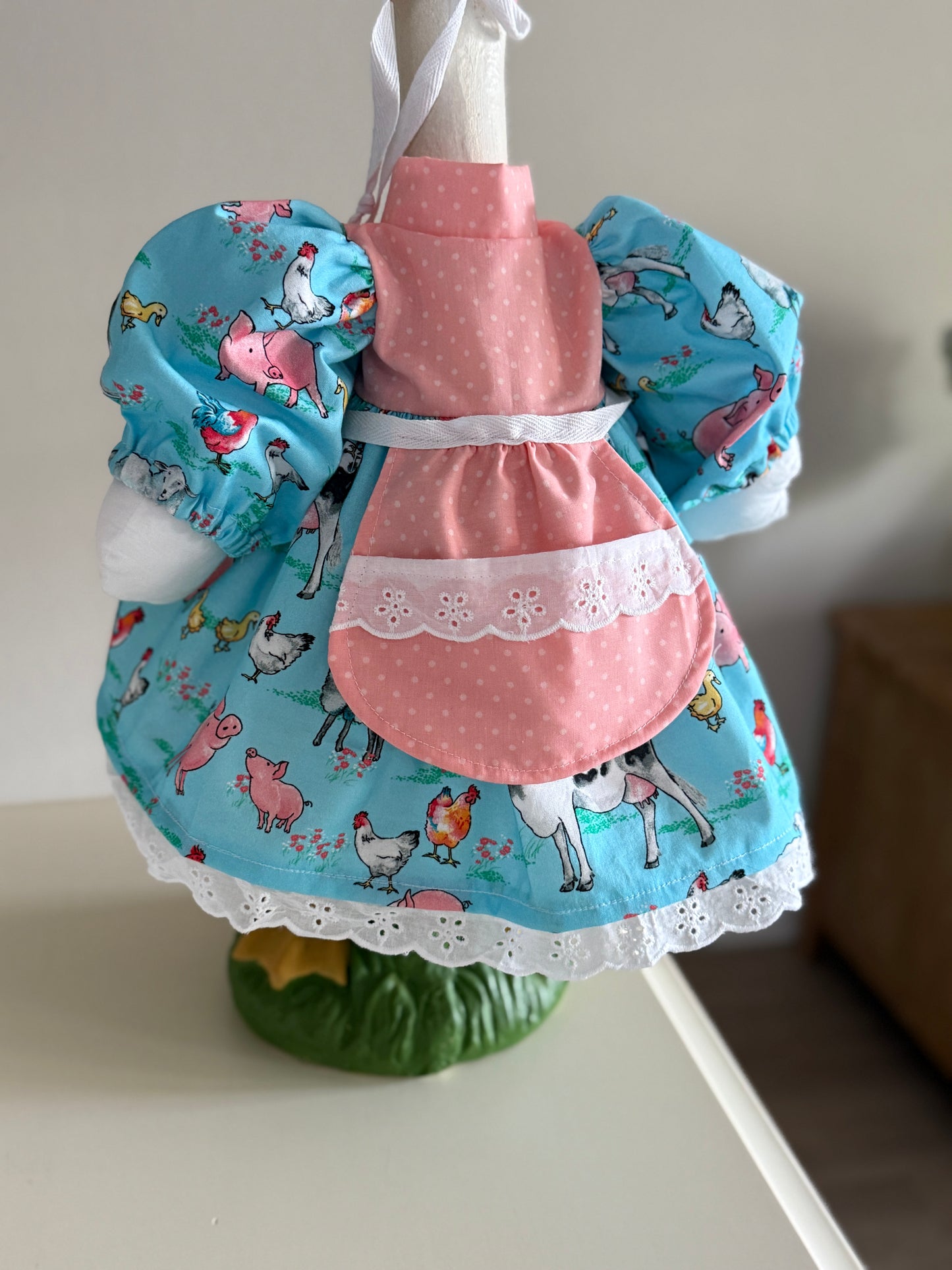 Choose size. Goose Dress and Bonnet, Apron Farm Animal