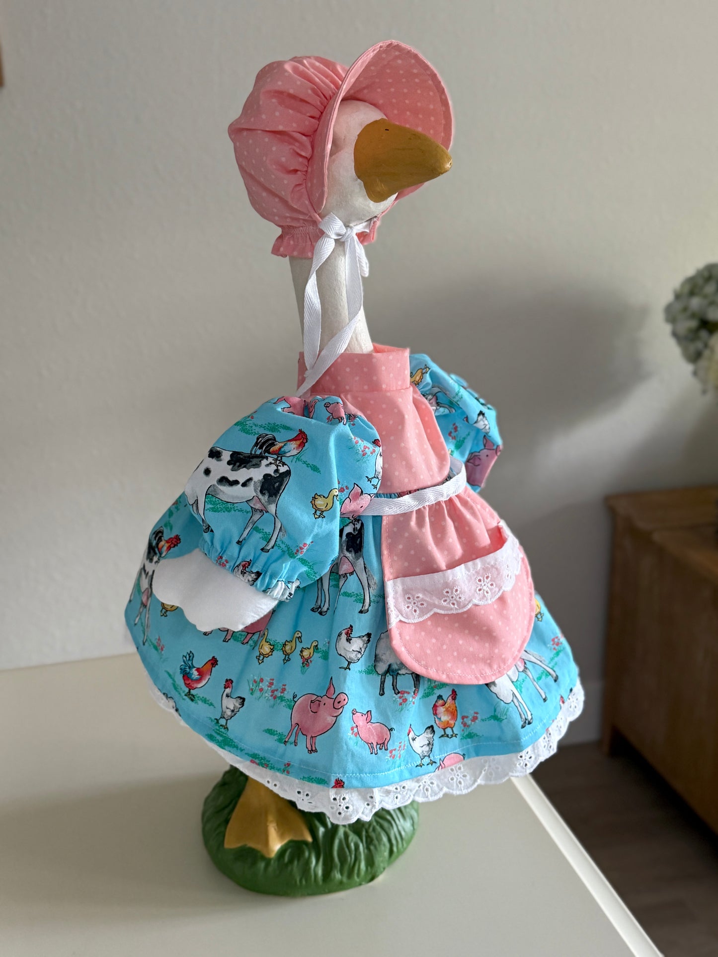 Choose size. Goose Dress and Bonnet, Apron Farm Animal