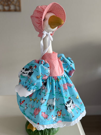 Choose size. Goose Dress and Bonnet, Apron Farm Animal