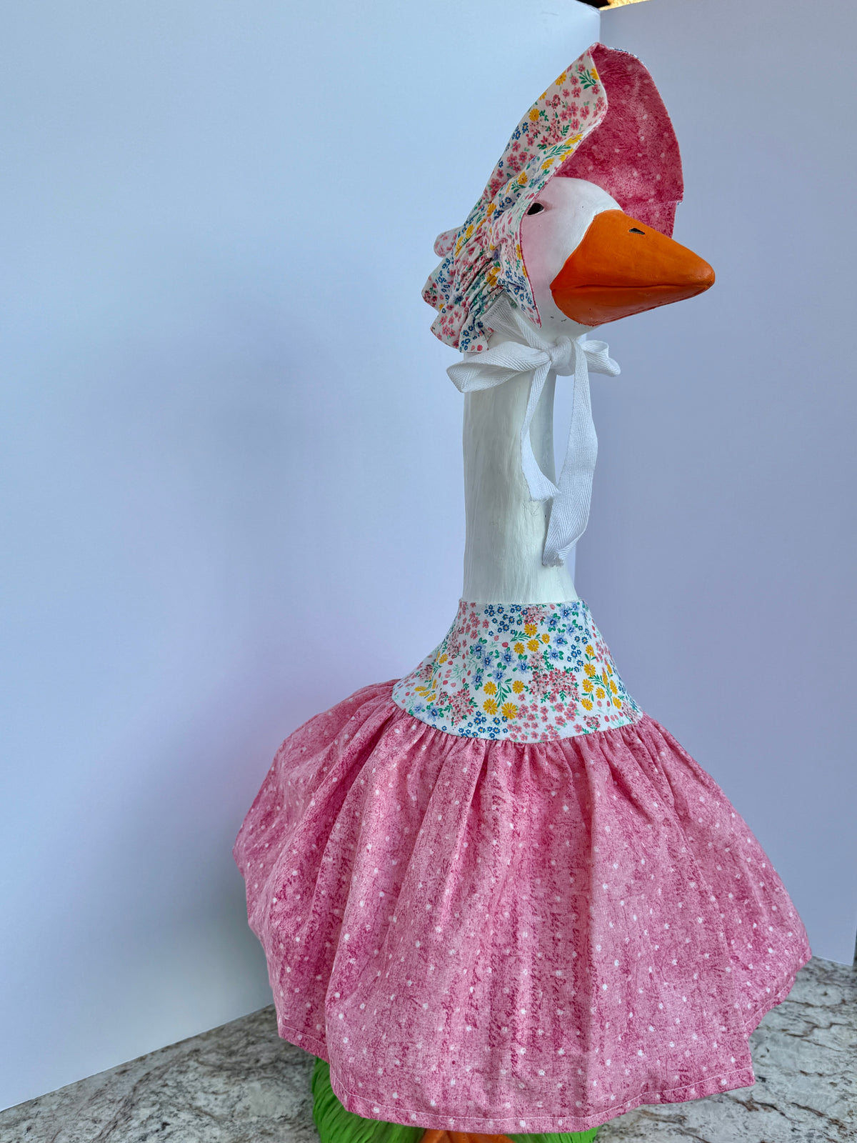 28”  pink and floral dress & bonnet- porch goose