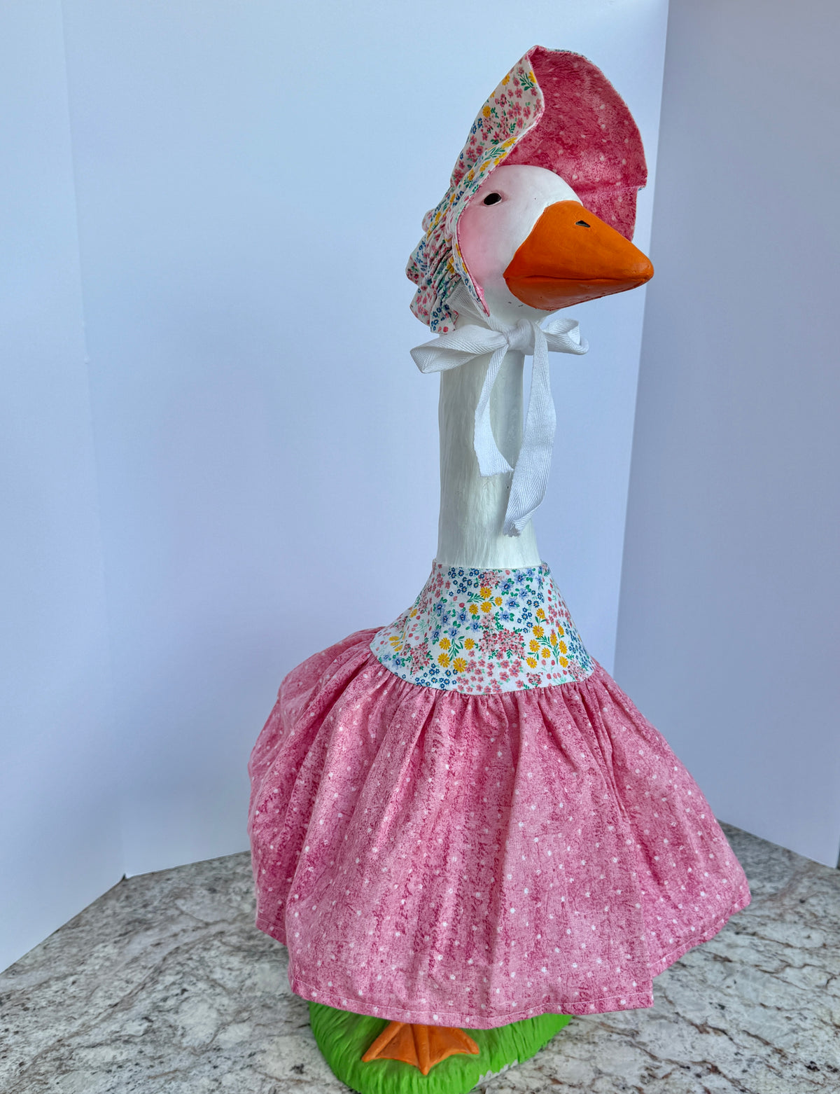 28”  pink and floral dress & bonnet- porch goose