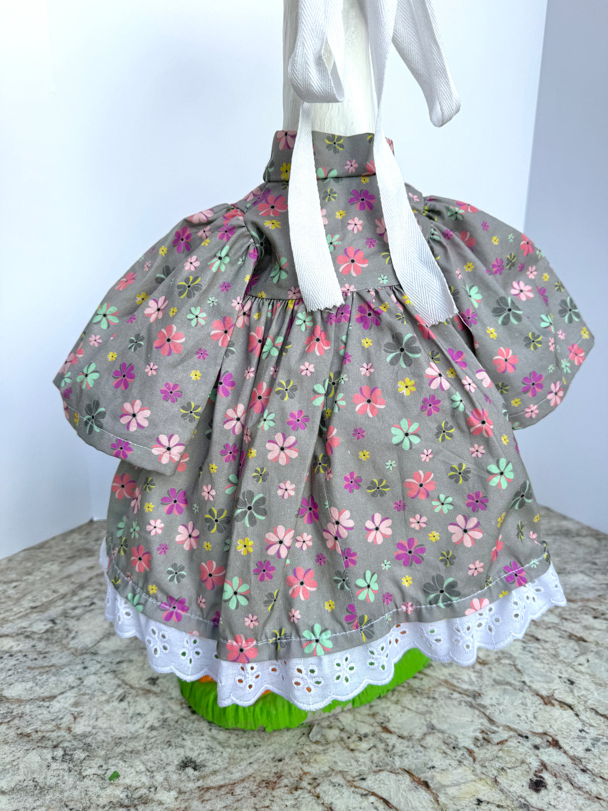 28” Grey and floral dress and bonnet - porch goose