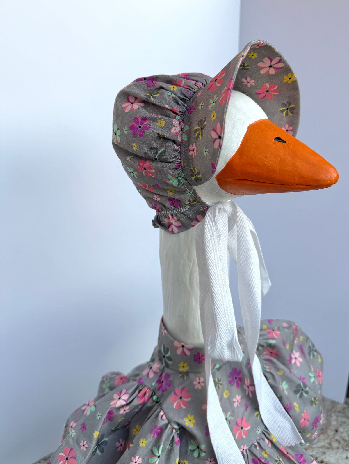 28” Grey and floral dress and bonnet - porch goose