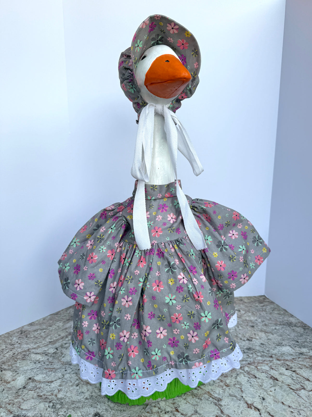 28” Grey and floral dress and bonnet - porch goose