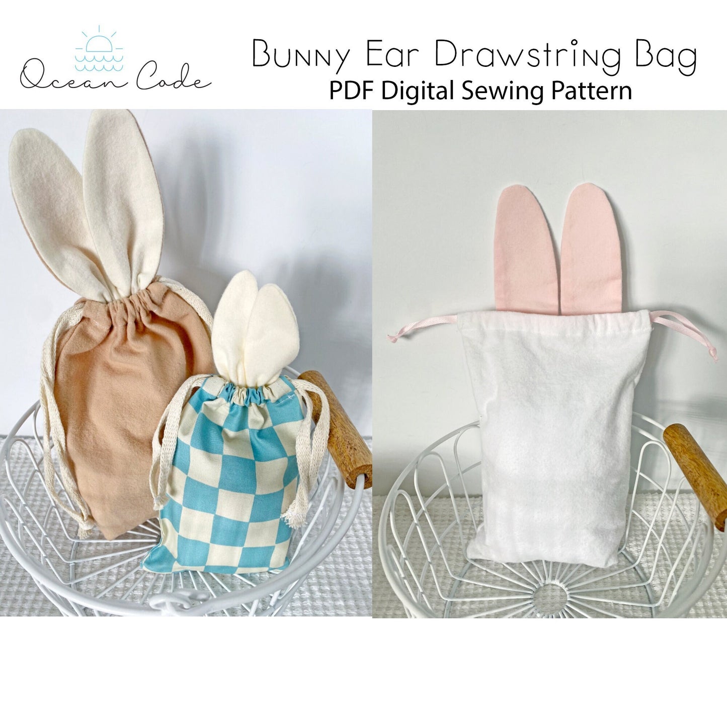 Bunny Ear Drawstring Bag - Easter  Sewing Pattern PDF Download