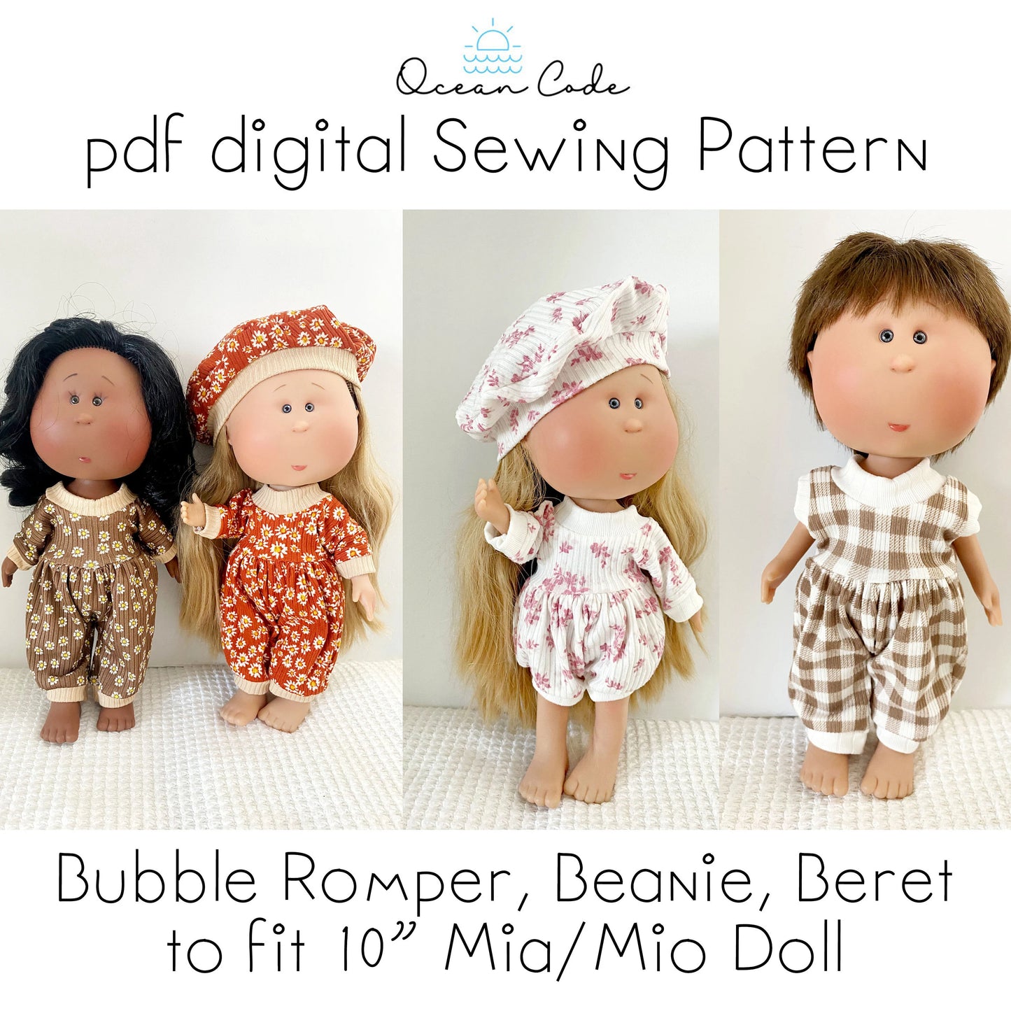 Mia/Mio Doll - Bubble Romper; tank, shorties, pants long sleeve PLUS Beret & Beanie Hat F Sewing Pattern Nine's D'Onil