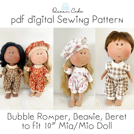 Mia/Mio Doll - Bubble Romper; tank, shorties, pants long sleeve PLUS Beret & Beanie Hat F Sewing Pattern Nine's D'Onil