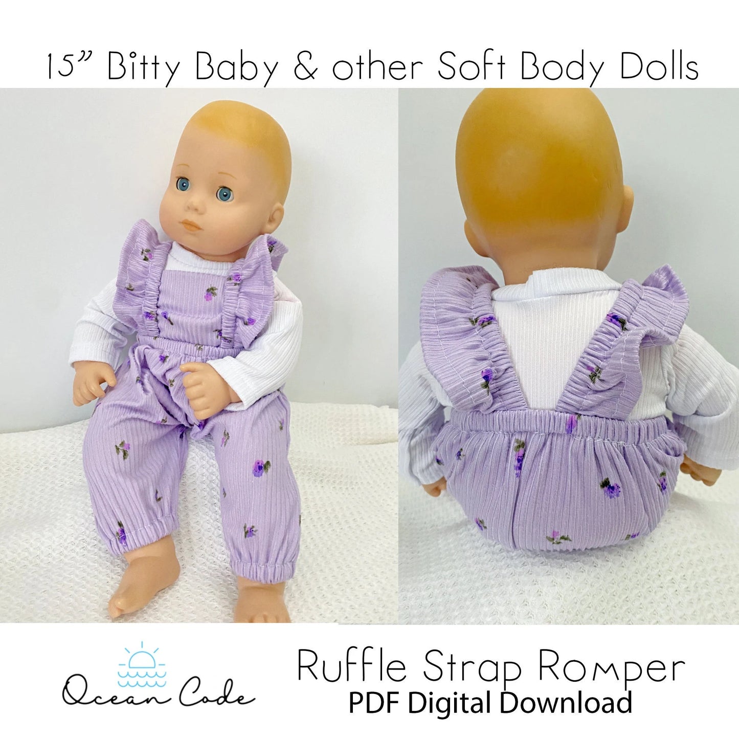 Bitty Baby Doll Ruffle Strap Romper PDF Sewing Pattern (T-shirt not included)