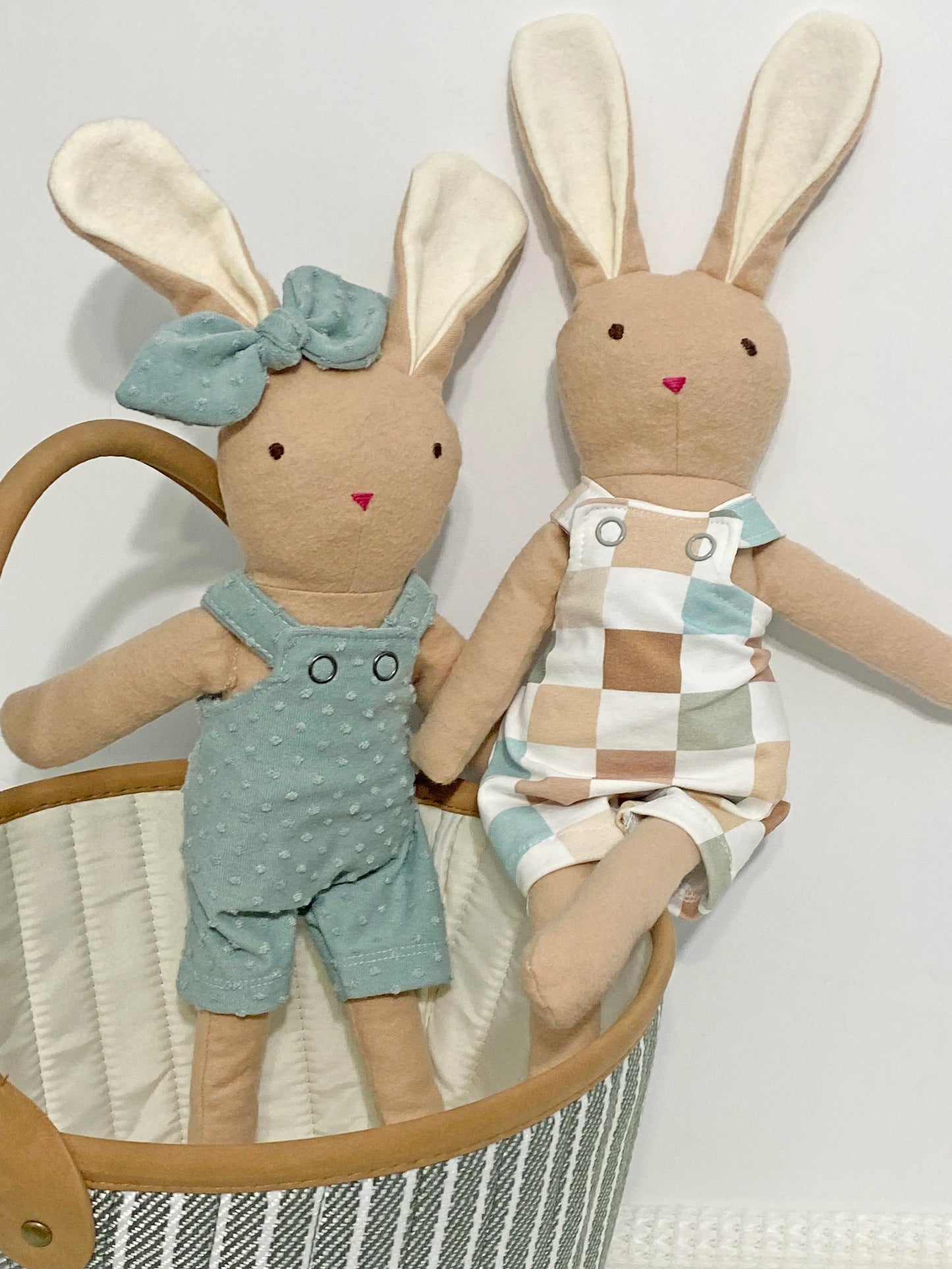 Jax Bunny Stuffed Rabbit Plush Toy PDF Digital Sewing Pattern - Kids Easter Basket Gift - With Overalls and Bow