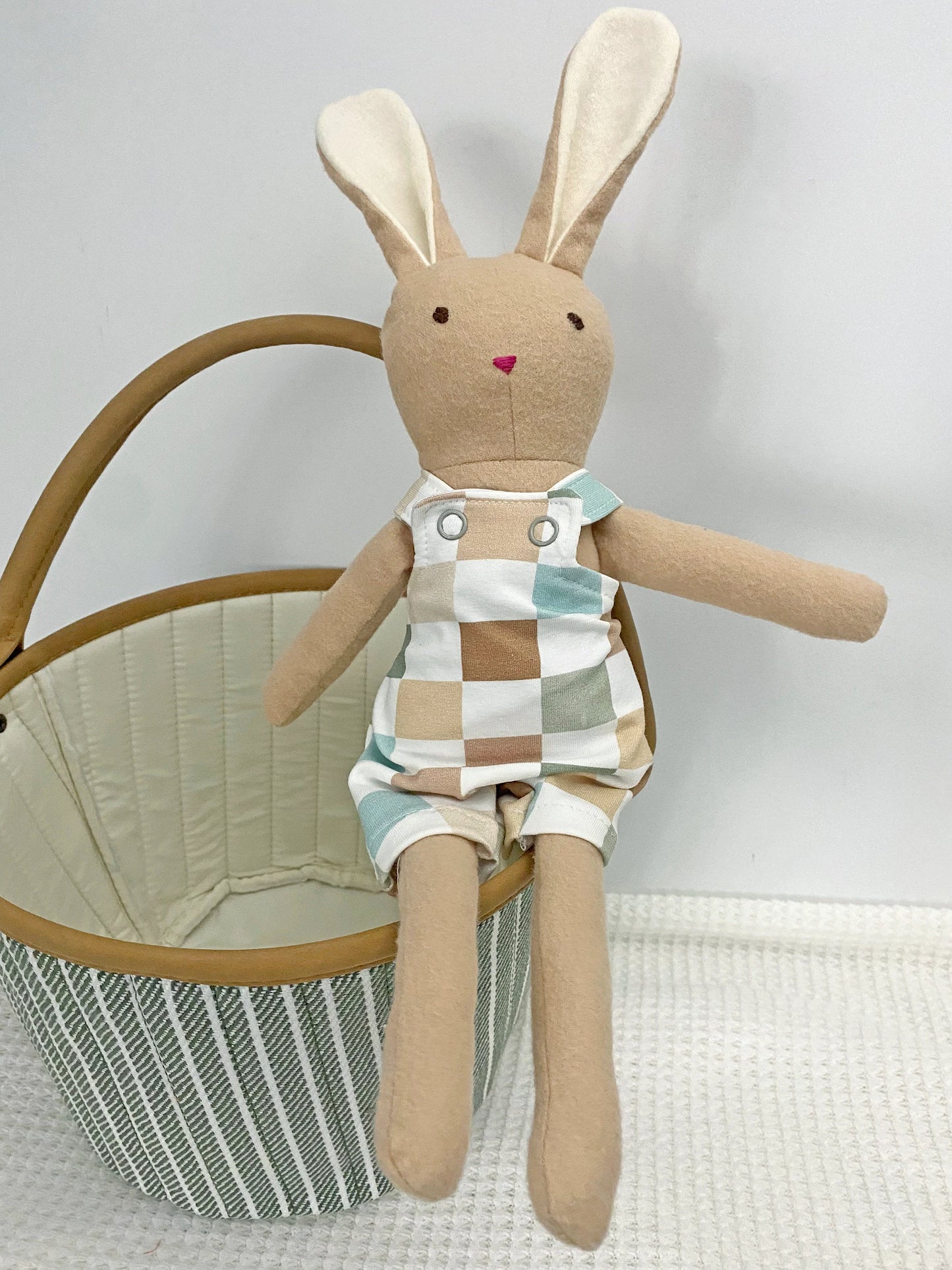 Jax Bunny Stuffed Rabbit Plush Toy PDF Digital Sewing Pattern - Kids Easter Basket Gift - With Overalls and Bow