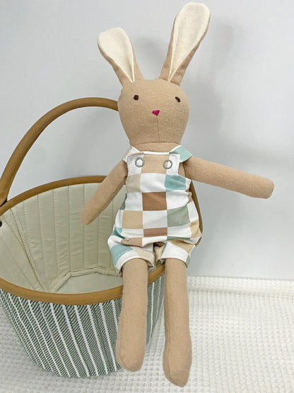 Jax Bunny Stuffed Rabbit Plush Toy PDF Digital Sewing Pattern - Kids Easter Basket Gift - With Overalls and Bow