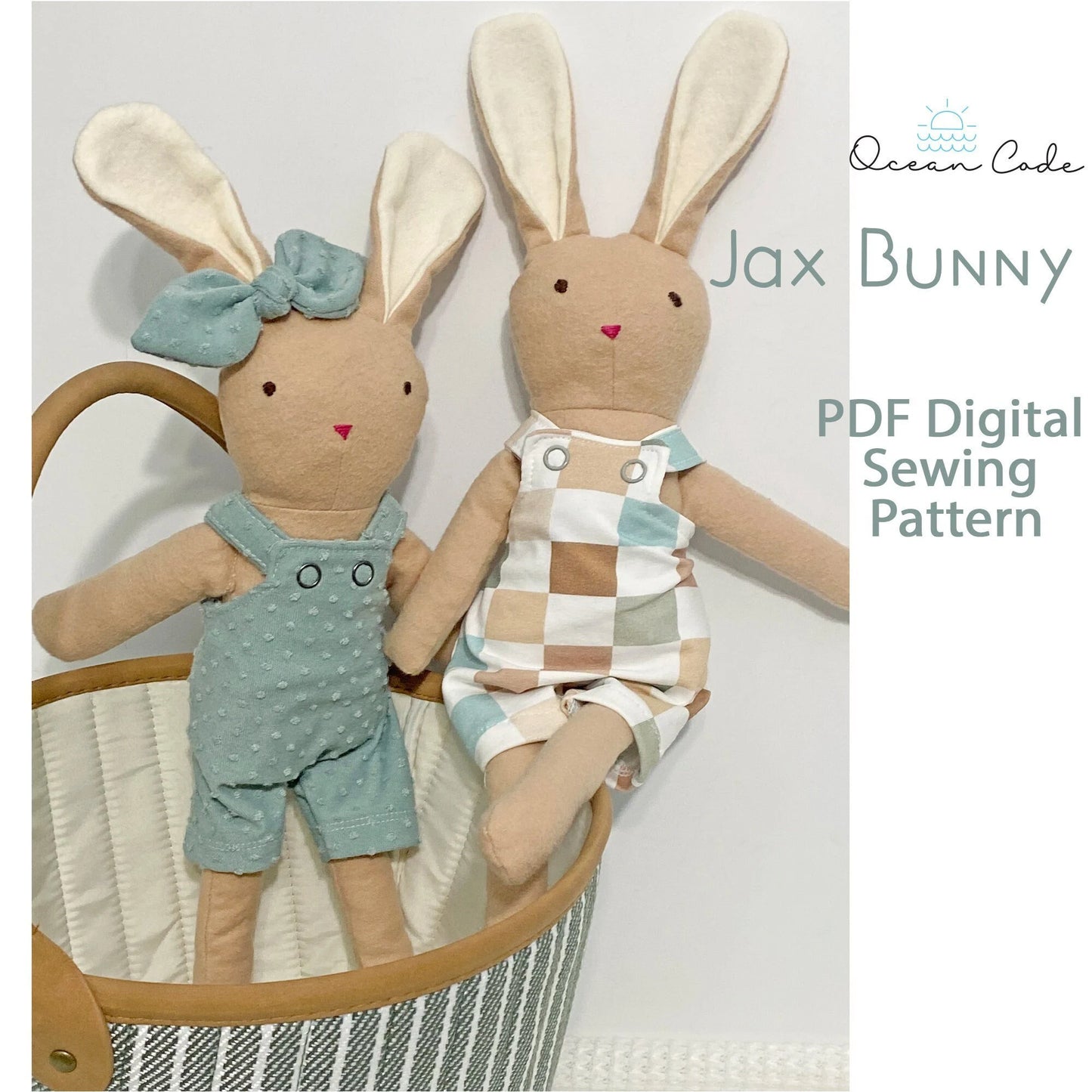Jax Bunny Stuffed Rabbit Plush Toy PDF Digital Sewing Pattern - Kids Easter Basket Gift - With Overalls and Bow