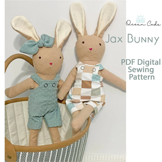 Jax Bunny Stuffed Rabbit Plush Toy PDF Digital Sewing Pattern - Kids Easter Basket Gift - With Overalls and Bow
