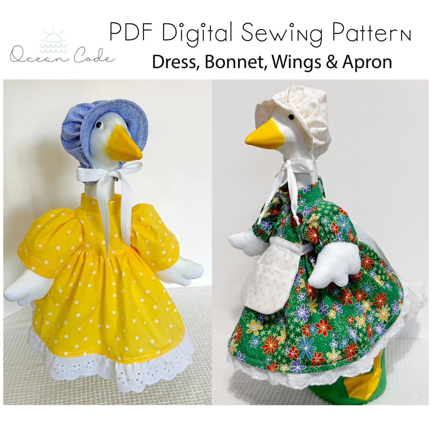 17 Inch Porch Goose Dress, Bonnet, Apron and Wings. Digital Sewing Pattern
